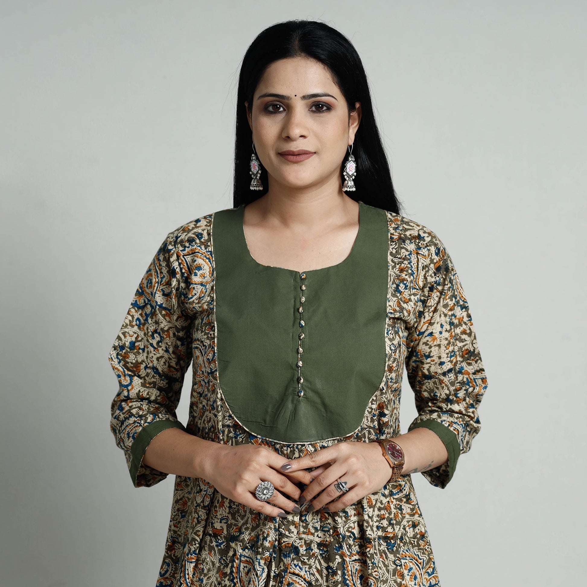 Brown - Green - Kalamkari Hand Block Printed Cotton A-Line Long Kurta