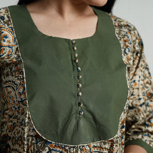 Brown - Green - Kalamkari Hand Block Printed Cotton A-Line Long Kurta