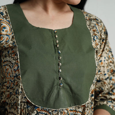 Brown - Green - Kalamkari Hand Block Printed Cotton A-Line Long Kurta