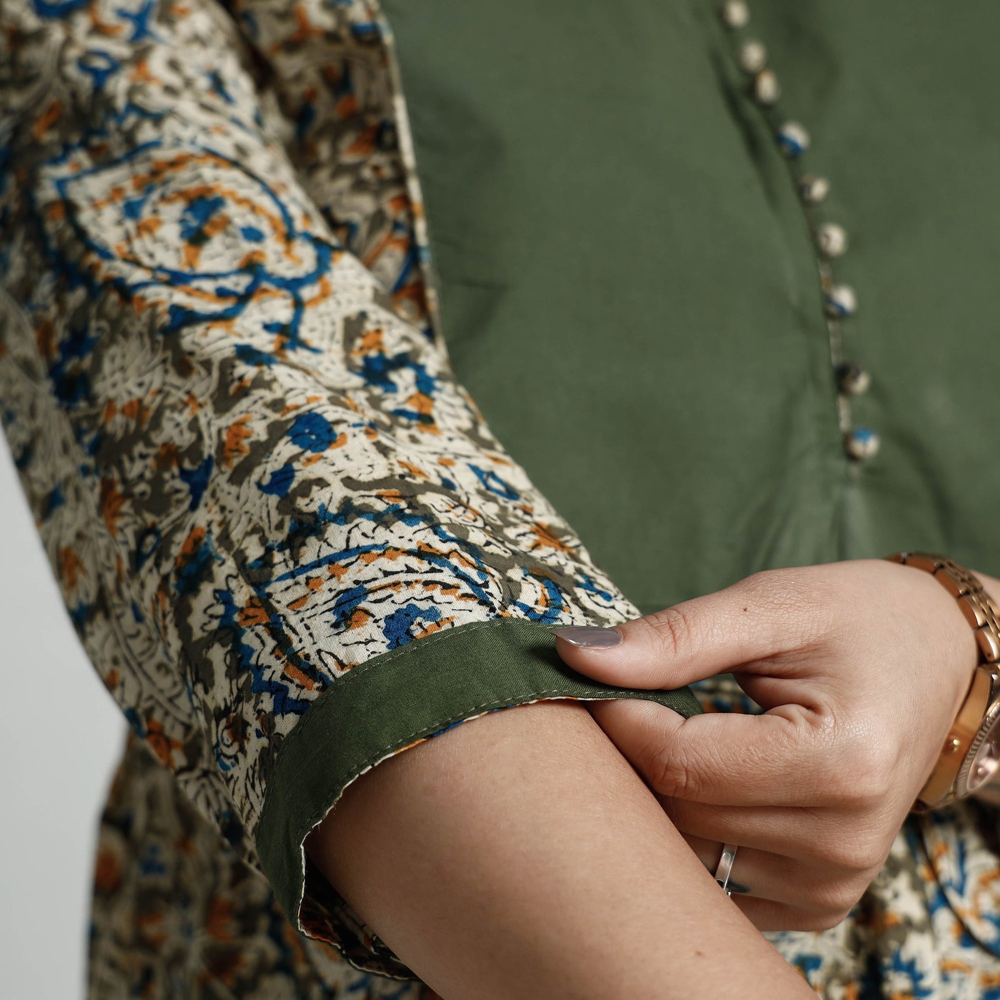 Brown - Green - Kalamkari Hand Block Printed Cotton A-Line Long Kurta