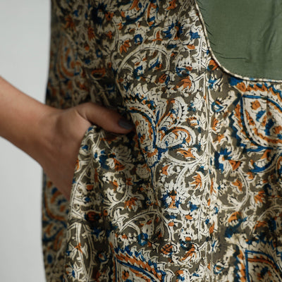 Brown - Green - Kalamkari Hand Block Printed Cotton A-Line Long Kurta
