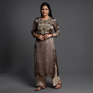 Brown - Modal Silk Plain Long Straight Kurta