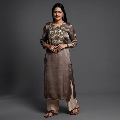 Brown - Modal Silk Plain Long Straight Kurta