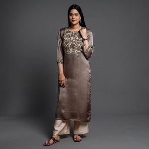 Brown - Modal Silk Plain Long Straight Kurta