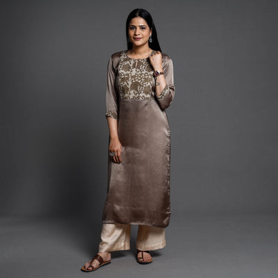 Brown - Modal Silk Plain Long Straight Kurta