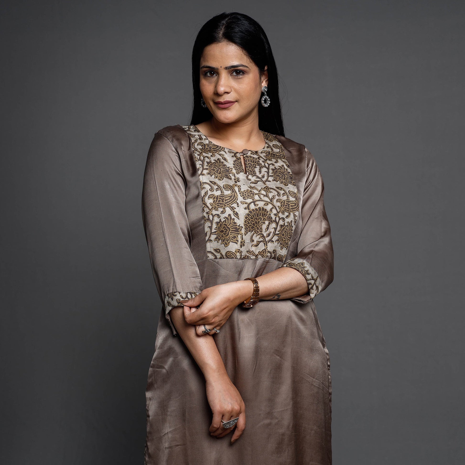 Brown - Modal Silk Plain Long Straight Kurta