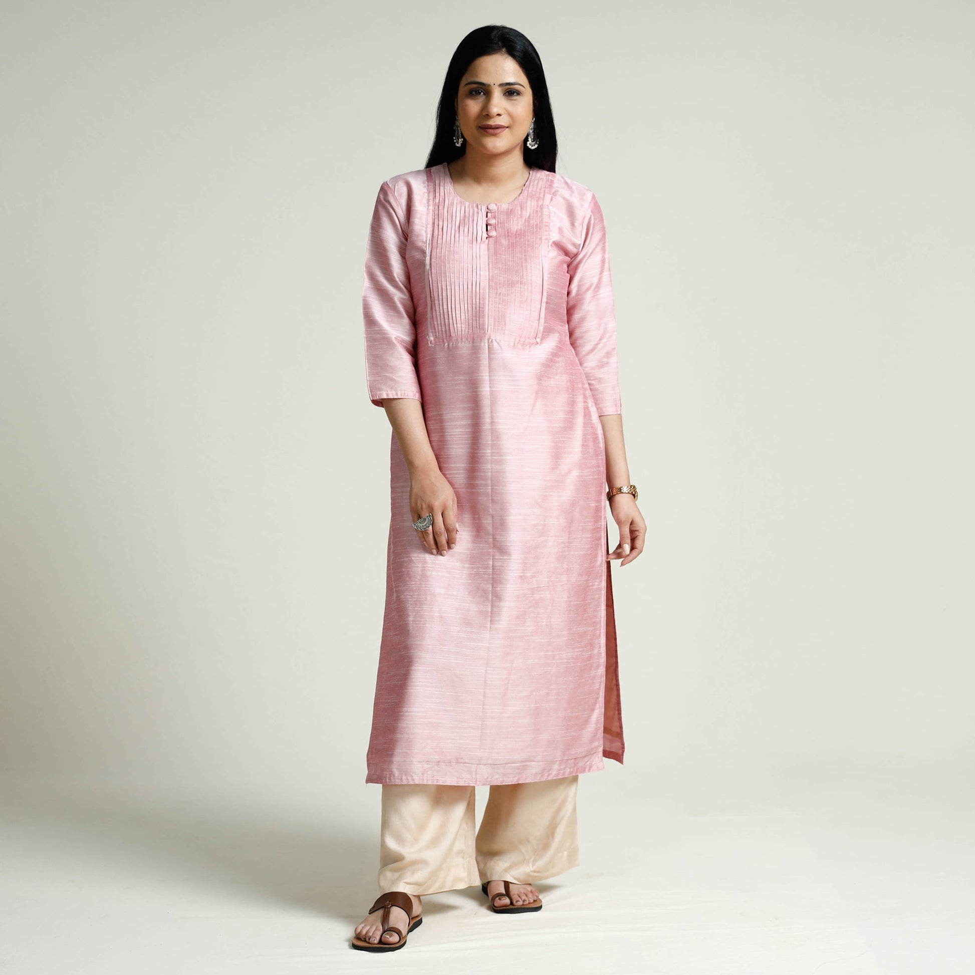 Baby Pink - Plain Silk Pintuck Long Kurta