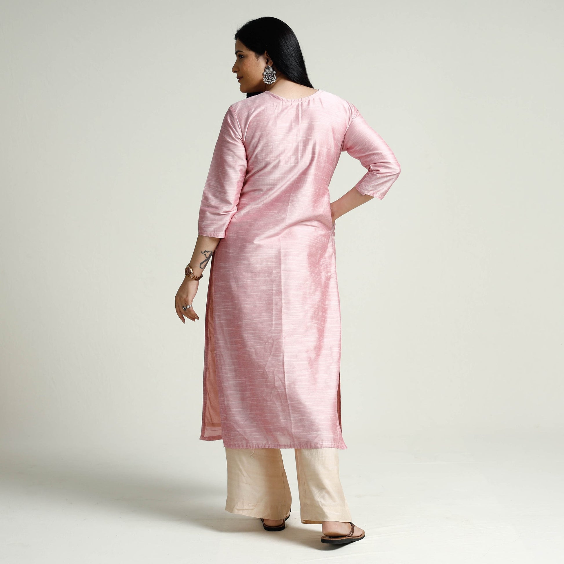Baby Pink - Plain Silk Pintuck Long Kurta