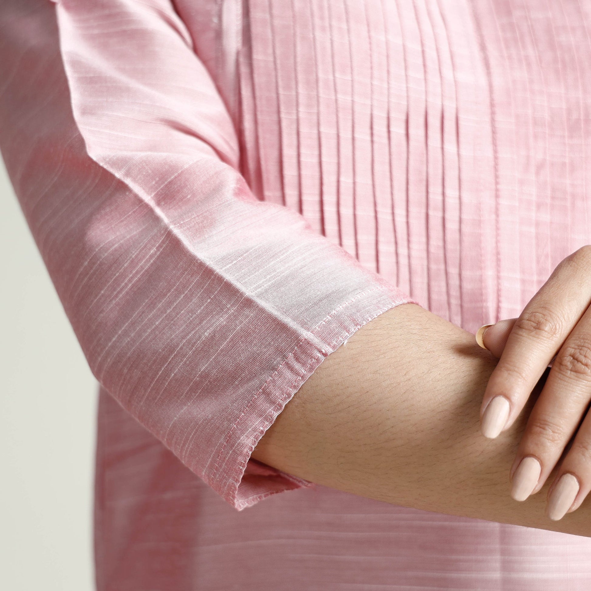 Baby Pink - Plain Silk Pintuck Long Kurta