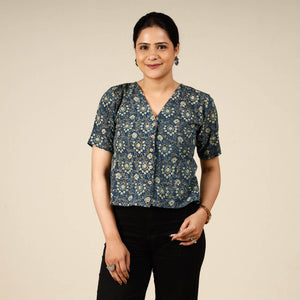 Blue - Ajrakh Block Printed Half Sleeve Cotton Crop Top