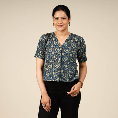 Blue - Ajrakh Block Printed Half Sleeve Cotton Crop Top