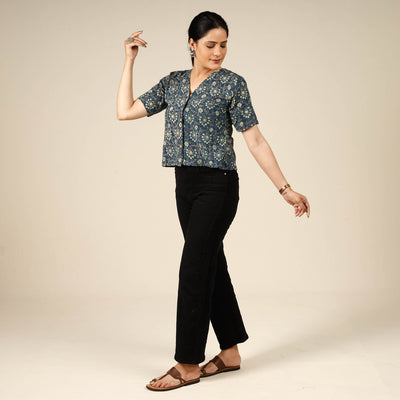 Blue - Ajrakh Block Printed Half Sleeve Cotton Crop Top
