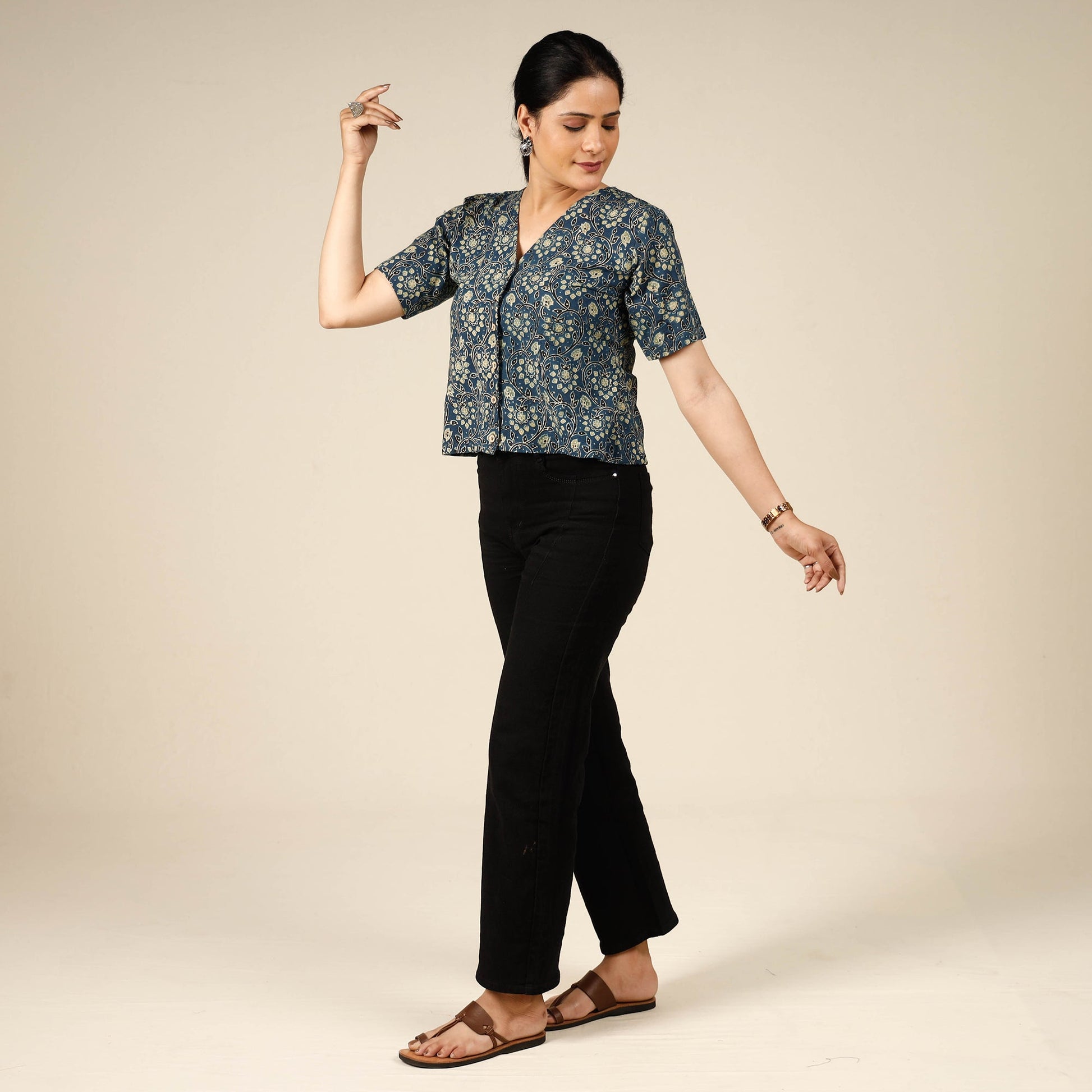 Blue - Ajrakh Block Printed Half Sleeve Cotton Crop Top