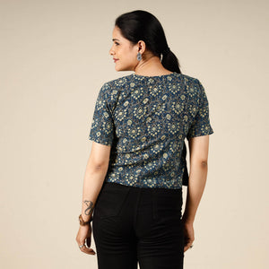 Blue - Ajrakh Block Printed Half Sleeve Cotton Crop Top