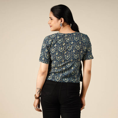 Blue - Ajrakh Block Printed Half Sleeve Cotton Crop Top