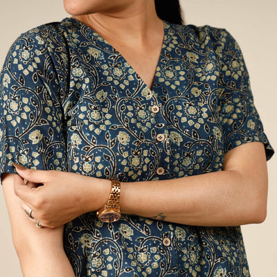 Blue - Ajrakh Block Printed Half Sleeve Cotton Crop Top