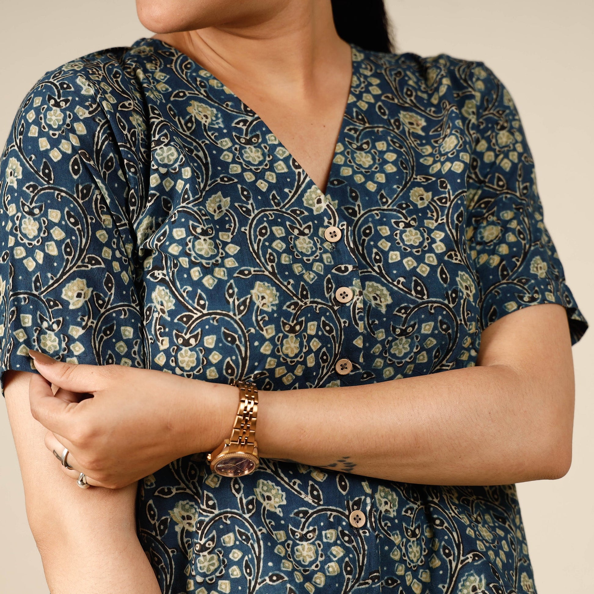 Blue - Ajrakh Block Printed Half Sleeve Cotton Crop Top