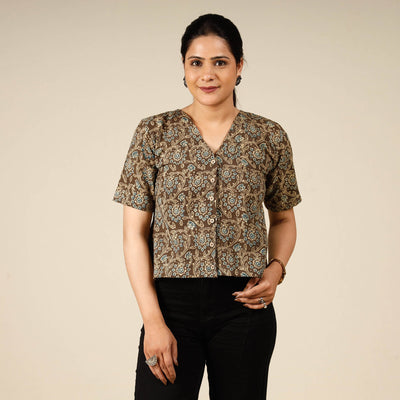 Brown - Ajrakh Block Printed Half Sleeve Cotton Crop Top