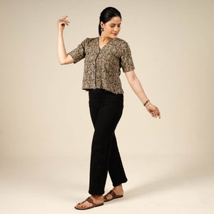 Brown - Ajrakh Block Printed Half Sleeve Cotton Crop Top