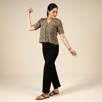 Brown - Ajrakh Block Printed Half Sleeve Cotton Crop Top
