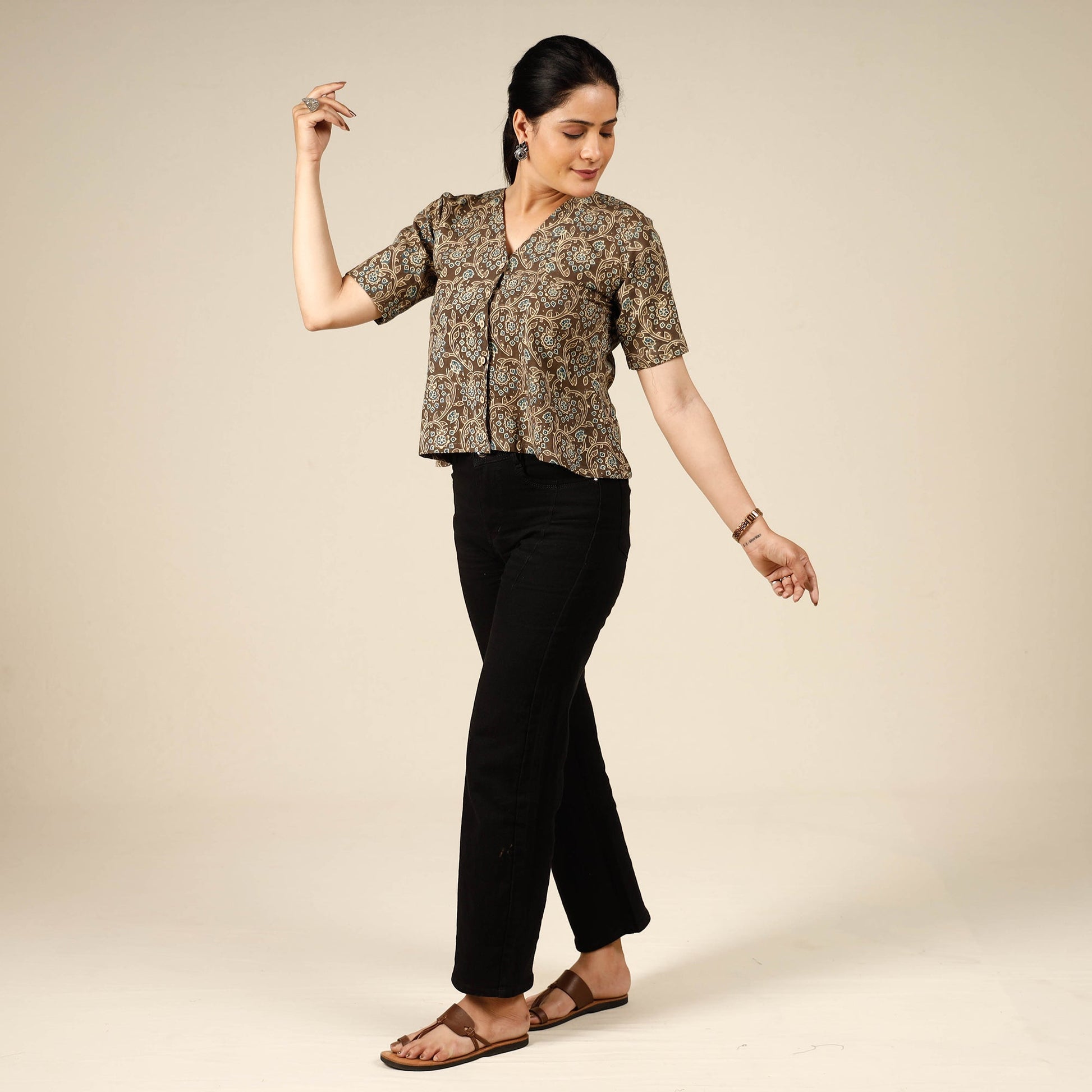 Brown - Ajrakh Block Printed Half Sleeve Cotton Crop Top