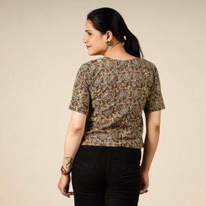 Brown - Ajrakh Block Printed Half Sleeve Cotton Crop Top