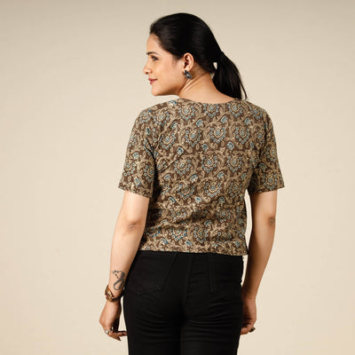 Brown - Ajrakh Block Printed Half Sleeve Cotton Crop Top