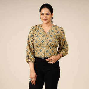 Beige - Ajrakh Block Printed Full Sleeve Cotton Crop Top