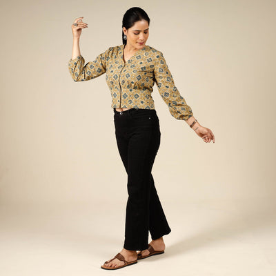 Beige - Ajrakh Block Printed Full Sleeve Cotton Crop Top