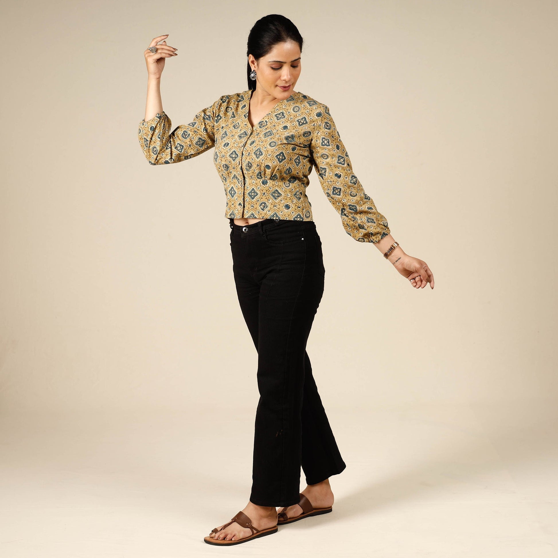 Beige - Ajrakh Block Printed Full Sleeve Cotton Crop Top