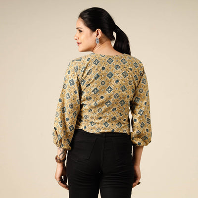 Beige - Ajrakh Block Printed Full Sleeve Cotton Crop Top