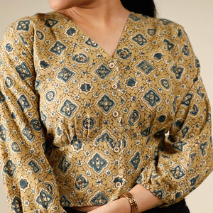Beige - Ajrakh Block Printed Full Sleeve Cotton Crop Top