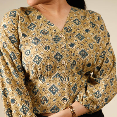 Beige - Ajrakh Block Printed Full Sleeve Cotton Crop Top