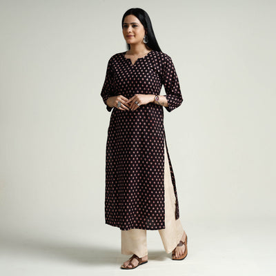 Black - Block Print Cotton Straight Bagh Kurta