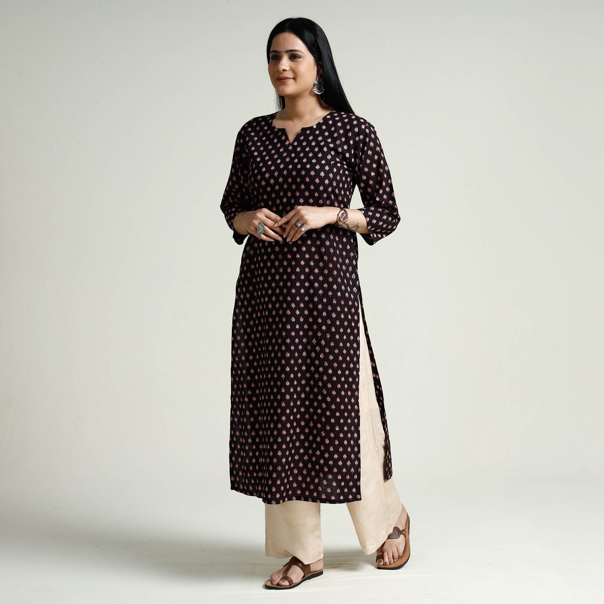 Black - Block Print Cotton Straight Bagh Kurta