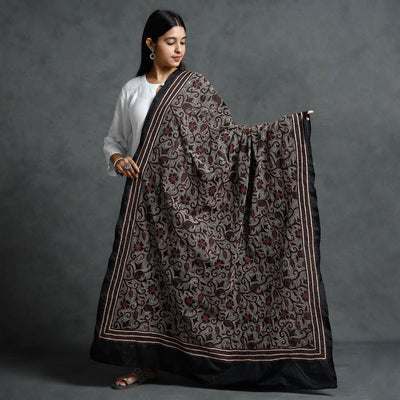Black - Bengal Kantha Hand Embroidered Mulberry Silk Dupatta