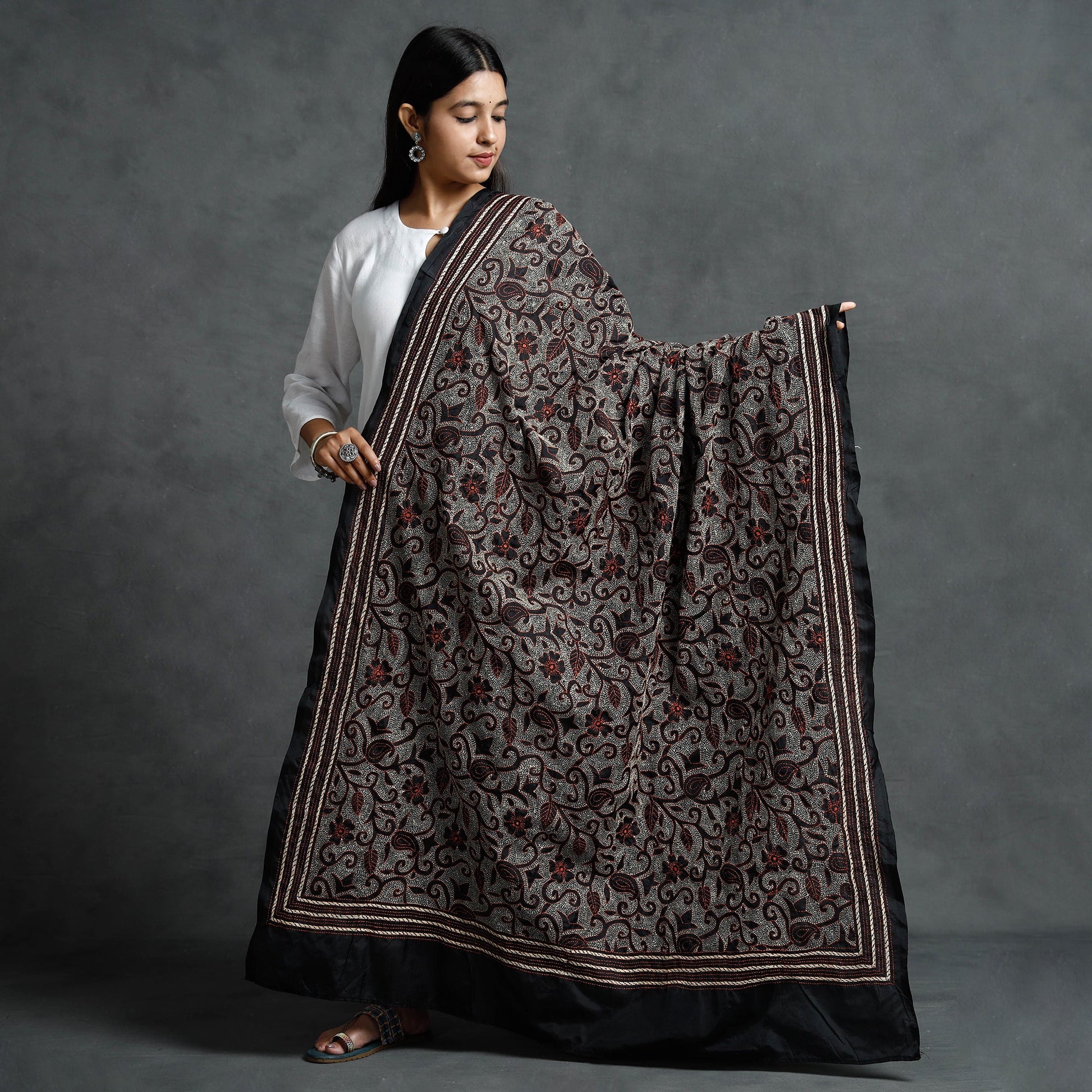 Black - Bengal Kantha Hand Embroidered Mulberry Silk Dupatta