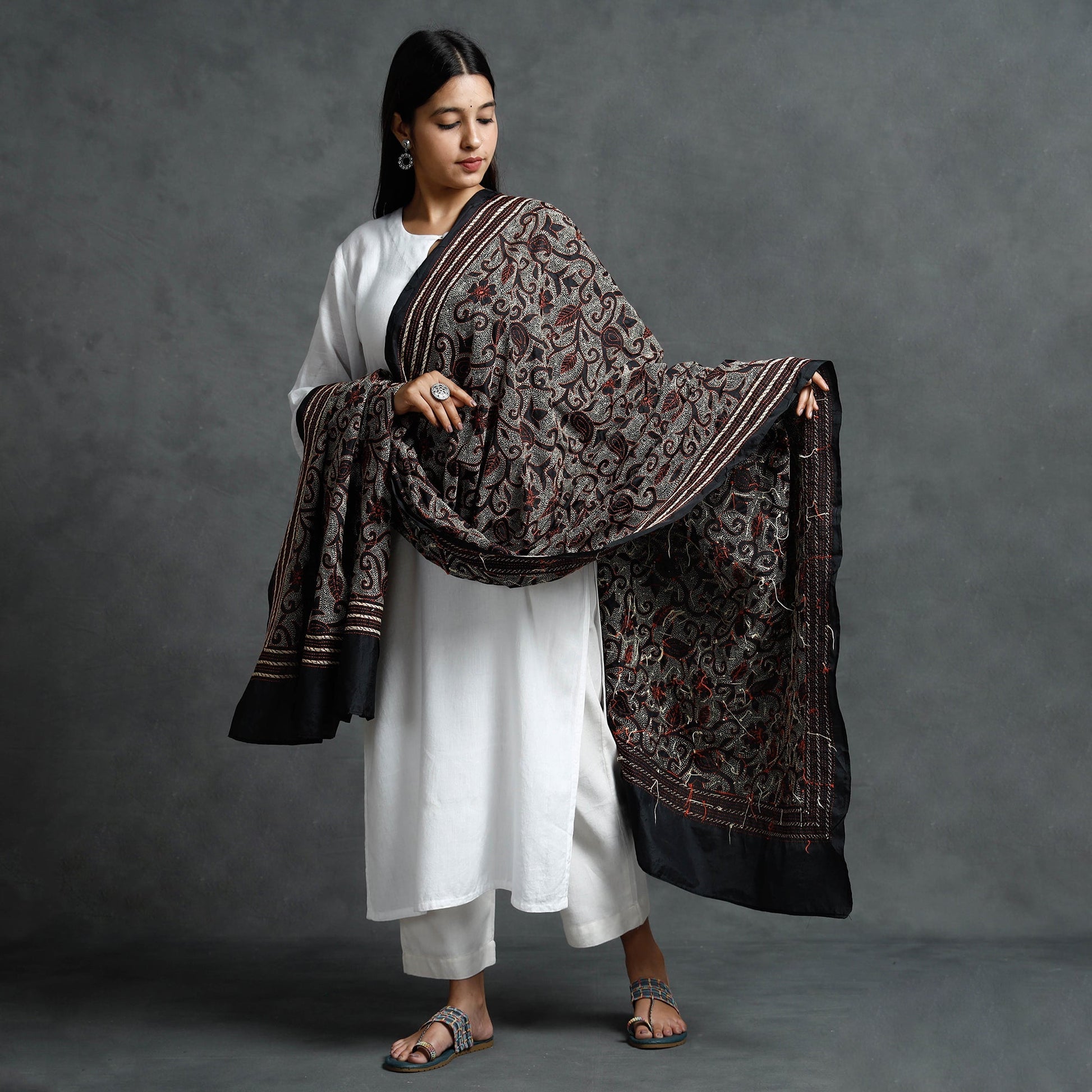 Black - Bengal Kantha Hand Embroidered Mulberry Silk Dupatta