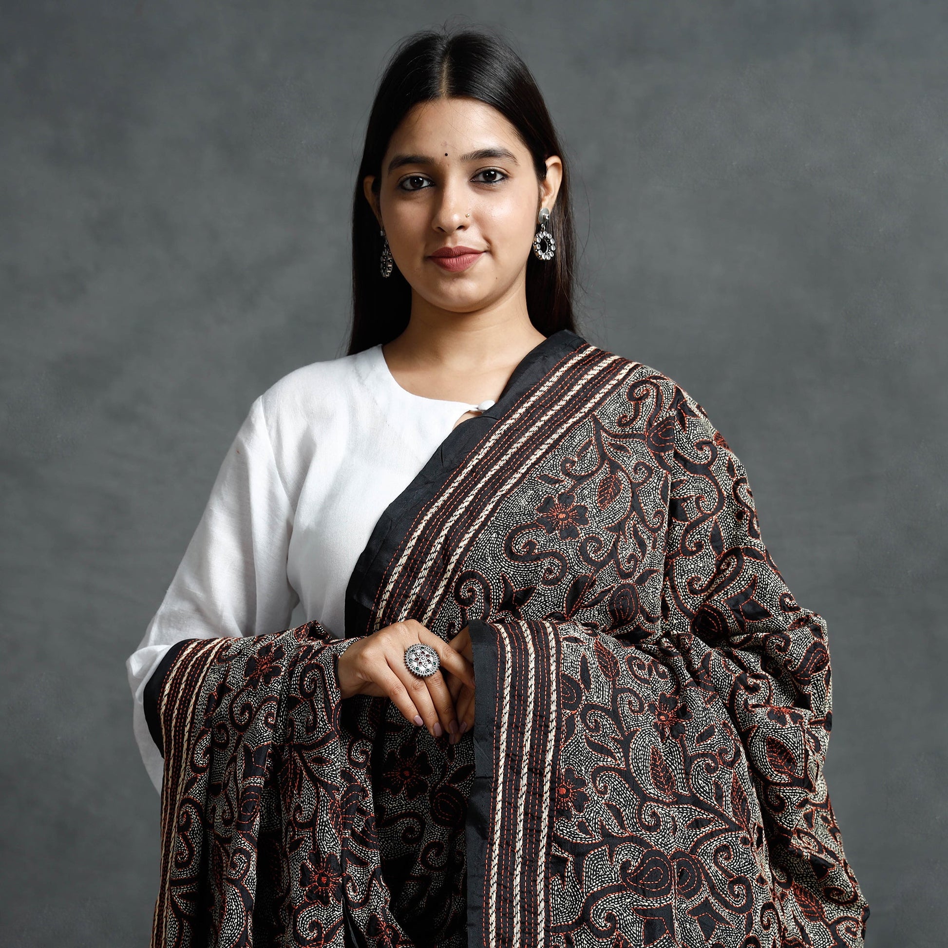 Black - Bengal Kantha Hand Embroidered Mulberry Silk Dupatta