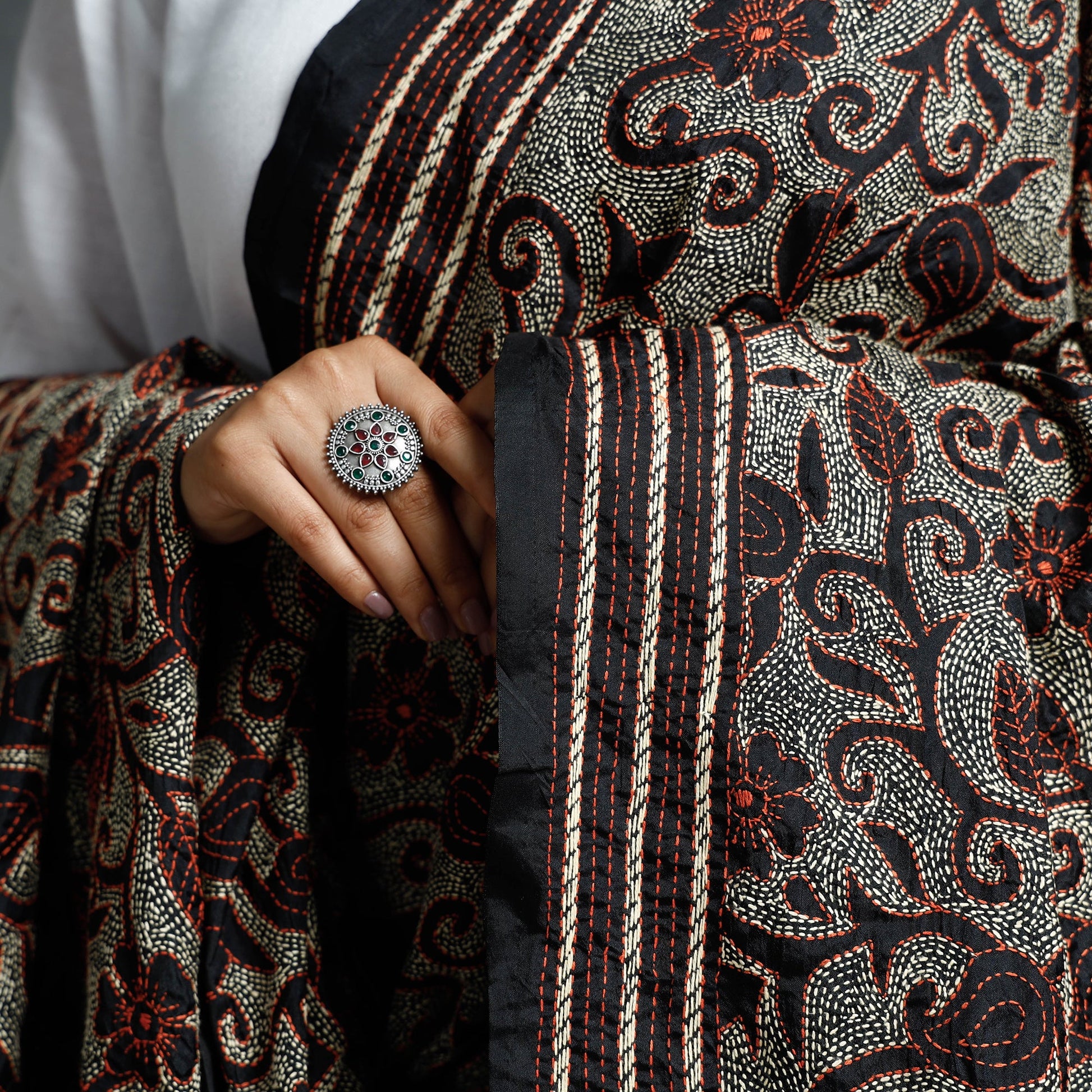 Black - Bengal Kantha Hand Embroidered Mulberry Silk Dupatta