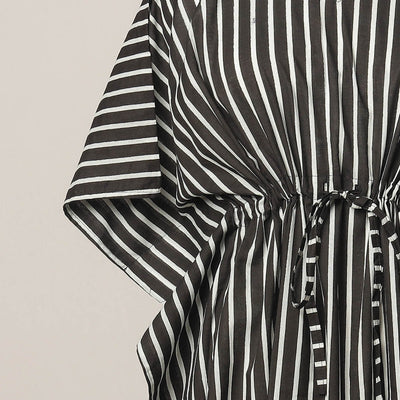 Black - Sanganeri Printed Cotton Kaftan with Tie-Up Waist (Medium)