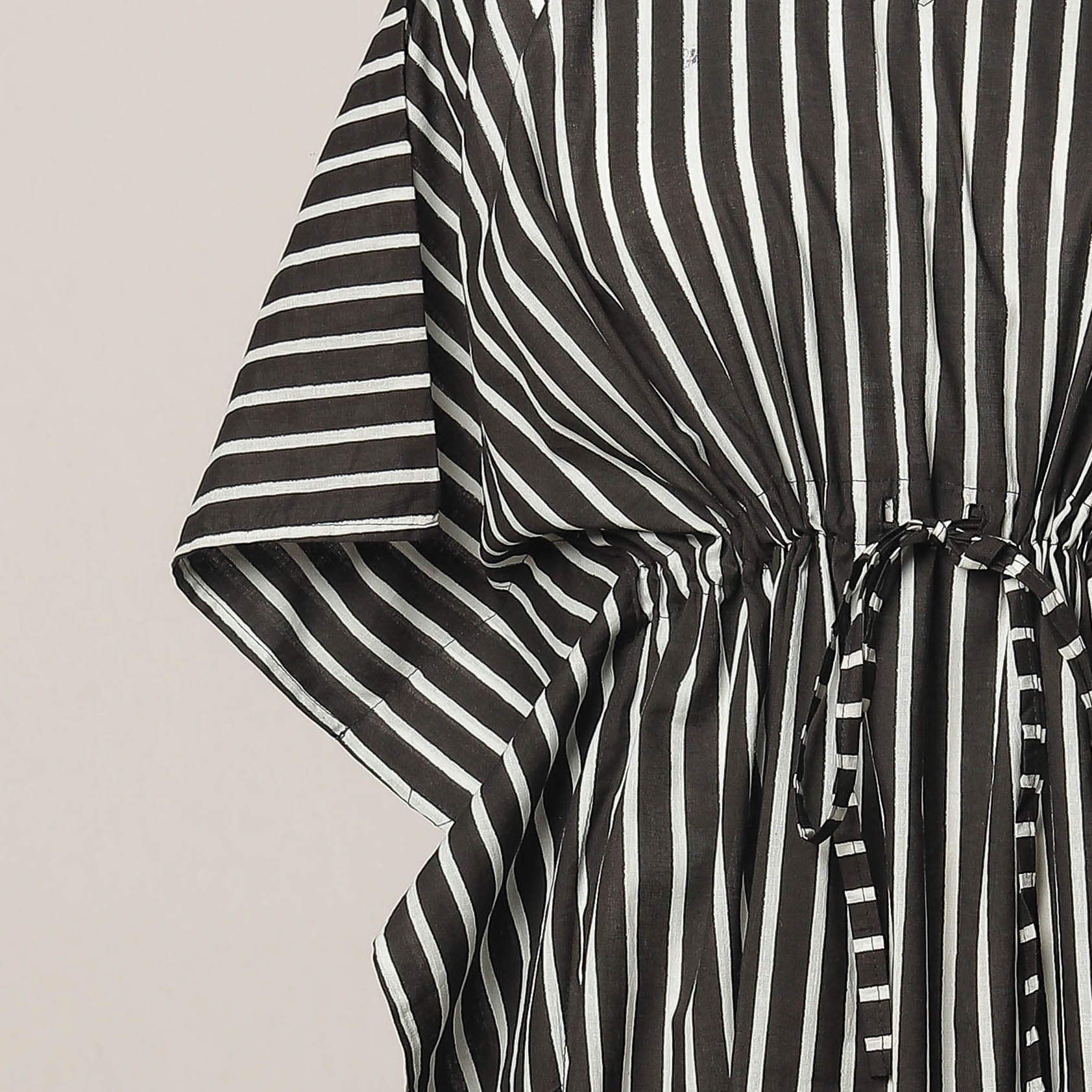 Black - Sanganeri Printed Cotton Kaftan with Tie-Up Waist (Medium)