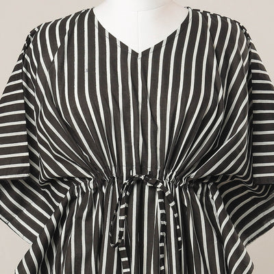 Black - Sanganeri Printed Cotton Kaftan with Tie-Up Waist (Medium)