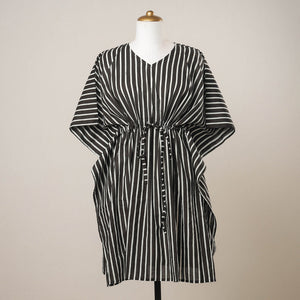 Black - Sanganeri Printed Cotton Kaftan with Tie-Up Waist (Medium)