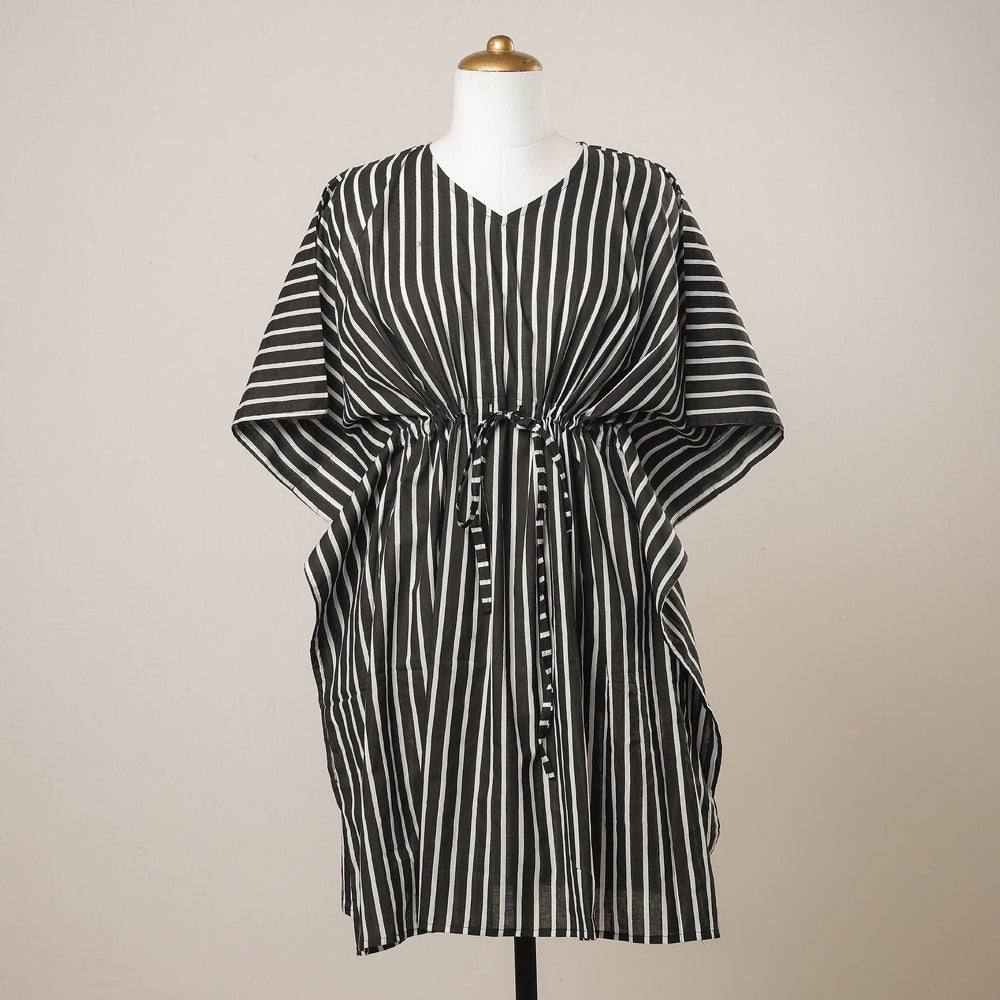 Black - Sanganeri Printed Cotton Kaftan with Tie-Up Waist (Medium)