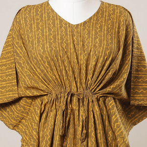 Brown - Sanganeri Printed Cotton Kaftan with Tie-Up Waist (Medium)