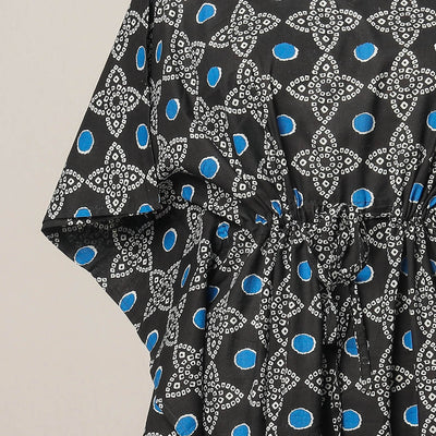 Black - Sanganeri Printed Cotton Kaftan with Tie-Up Waist (Medium)