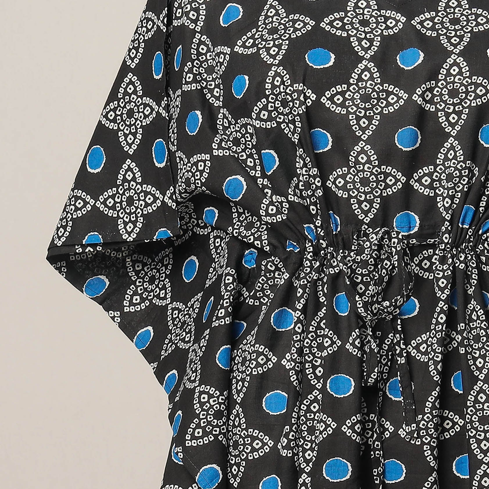 Black - Sanganeri Printed Cotton Kaftan with Tie-Up Waist (Medium)