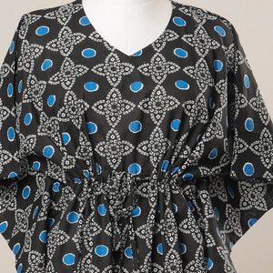 Black - Sanganeri Printed Cotton Kaftan with Tie-Up Waist (Medium)
