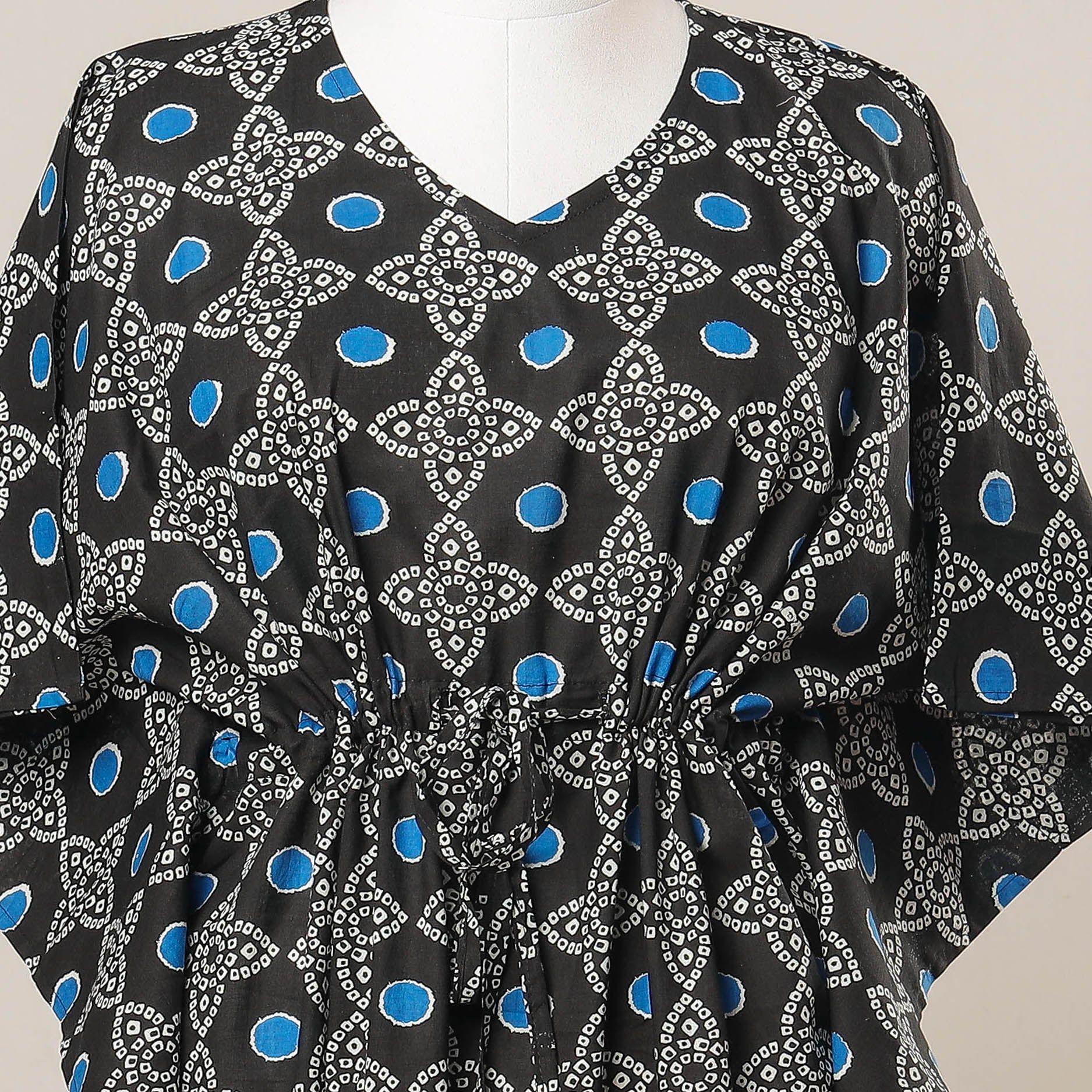Black - Sanganeri Printed Cotton Kaftan with Tie-Up Waist (Medium)